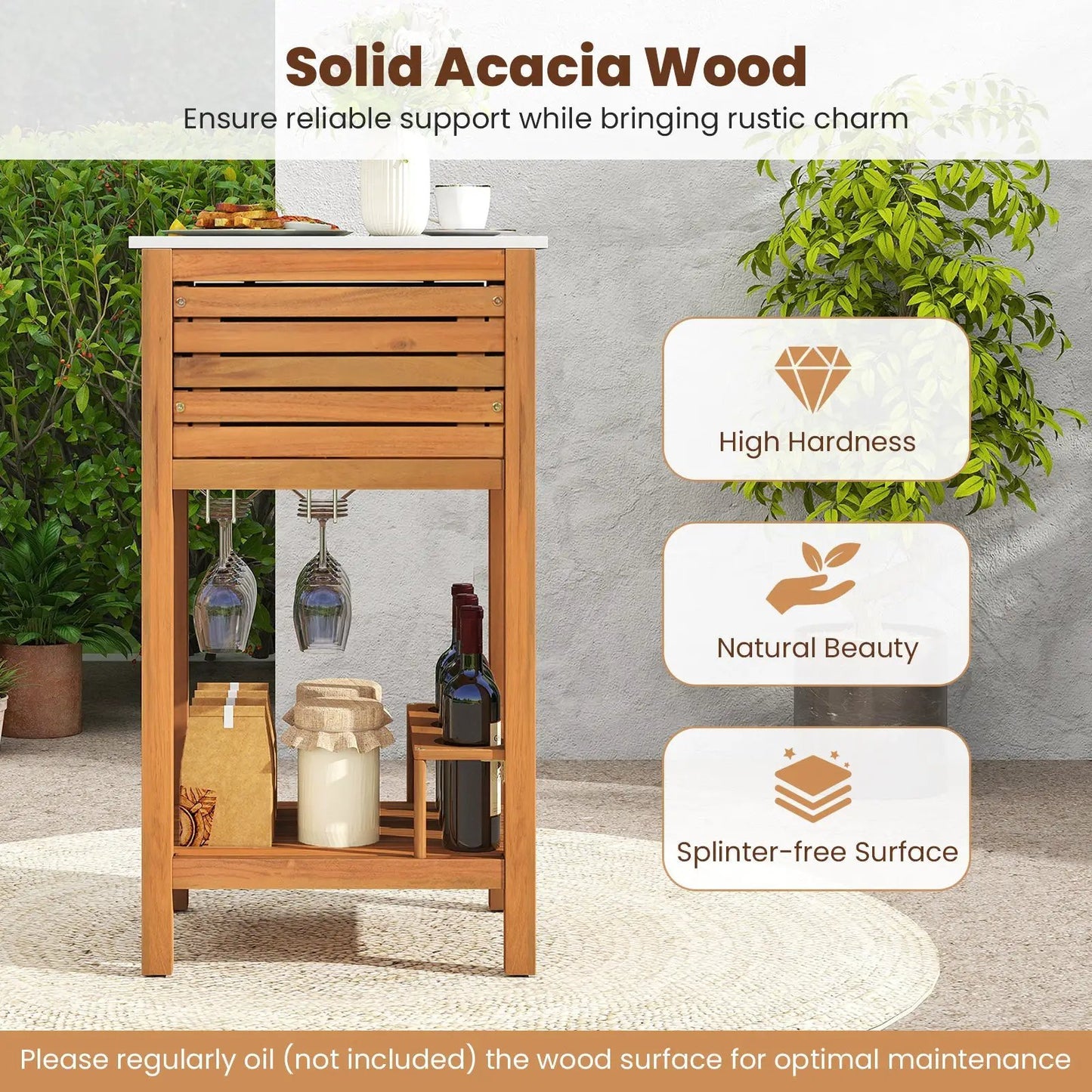 Patio Acacia Wood Buffet Cabinet with Marble Top, outdoor bar storage, natural finish on Tampa Home & Garden Store