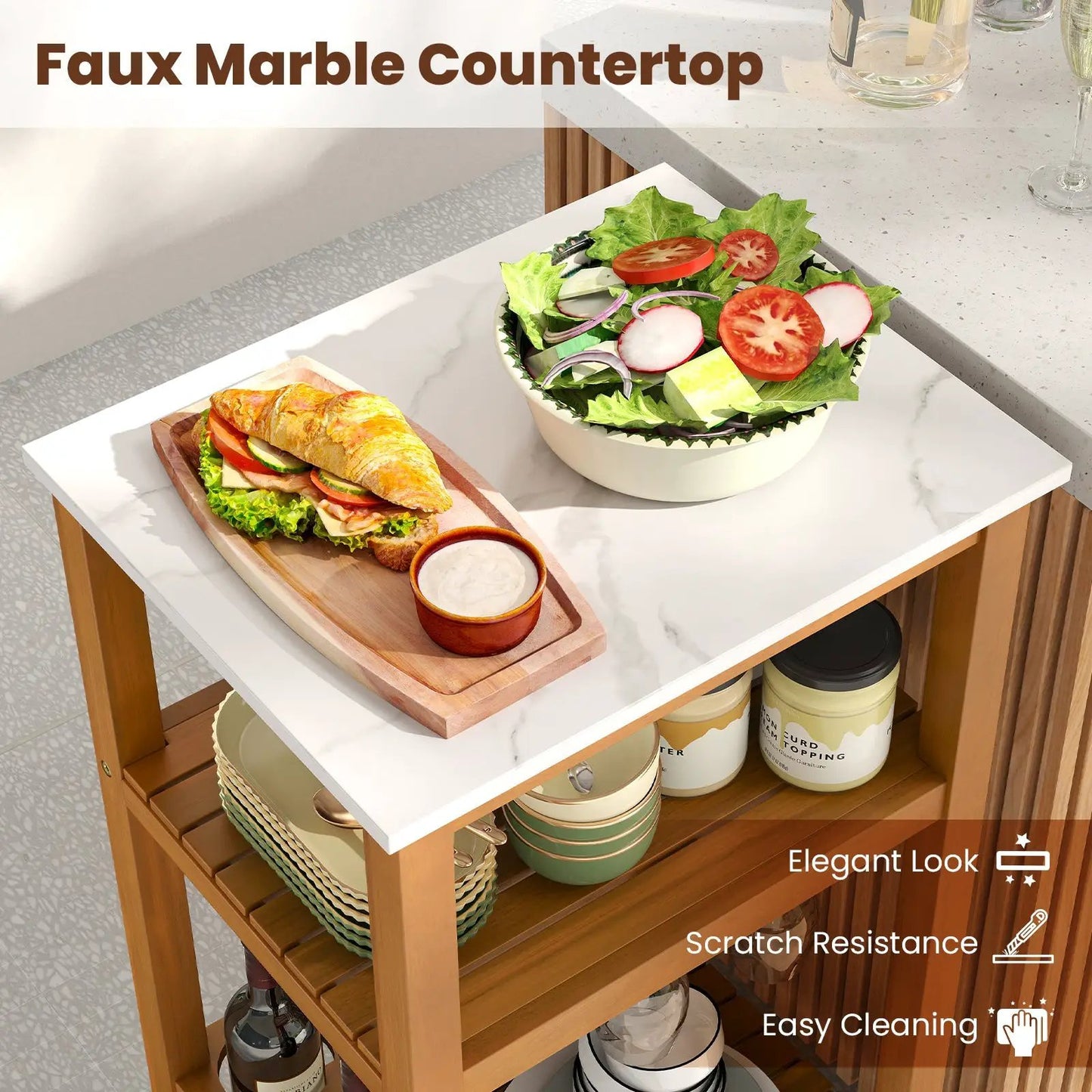 Patio Acacia Wood Storage Cabinet and Bar Table with white faux marble top shelves DirectDeals on Tampa Home & Garden Store