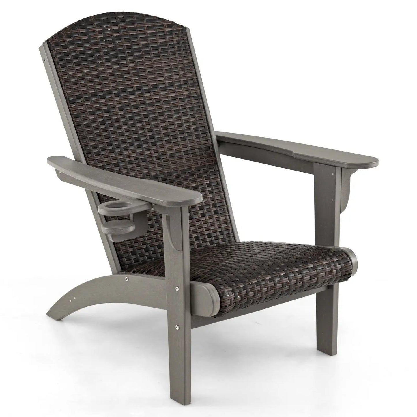 DirectDeals Patio Adirondack chair with brown wicker seat and gray frame with cupholders on Tampa Home & Garden Store