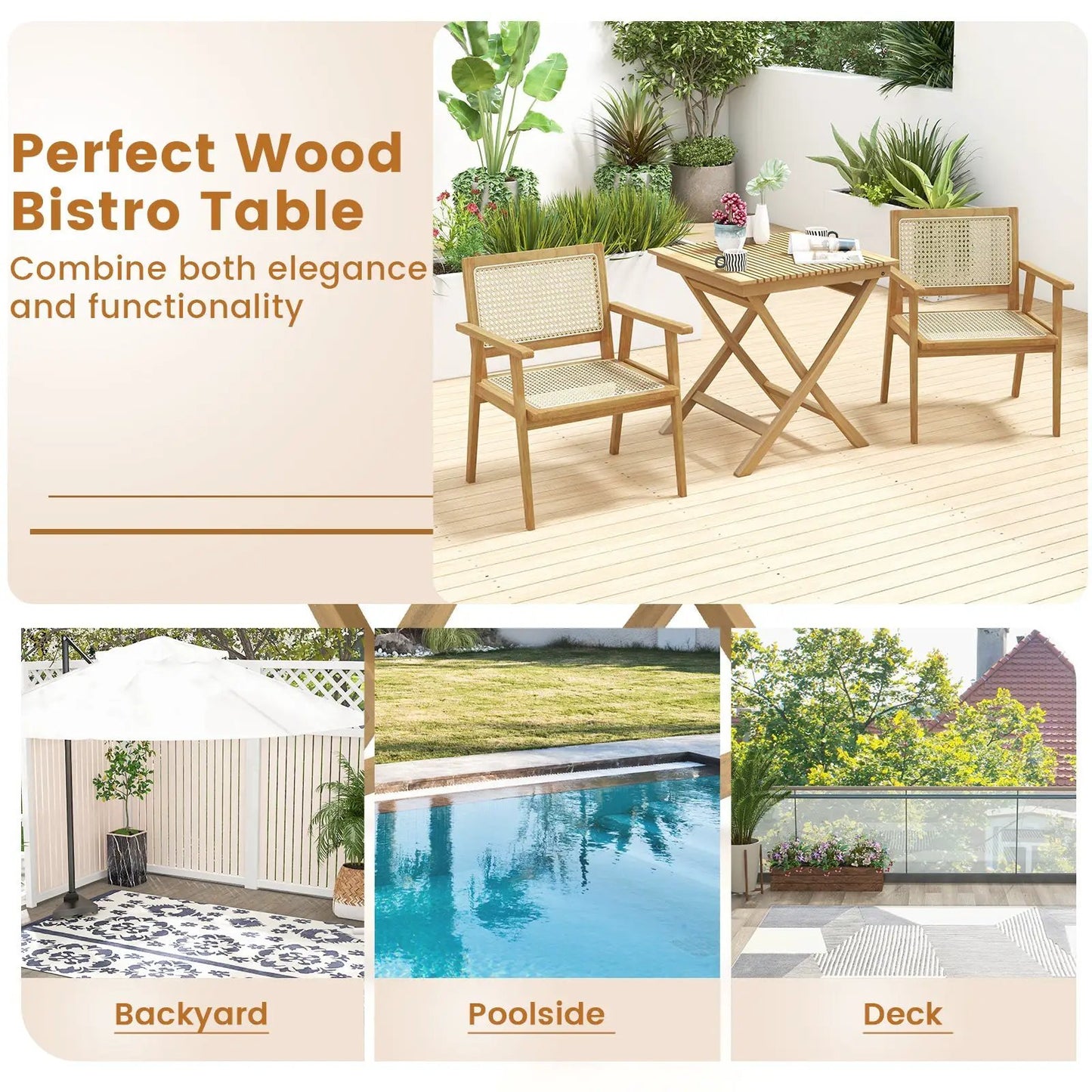 Indonesian teak patio bistro table with slatted top and two chairs on a deck on Tampa Home & Garden Store