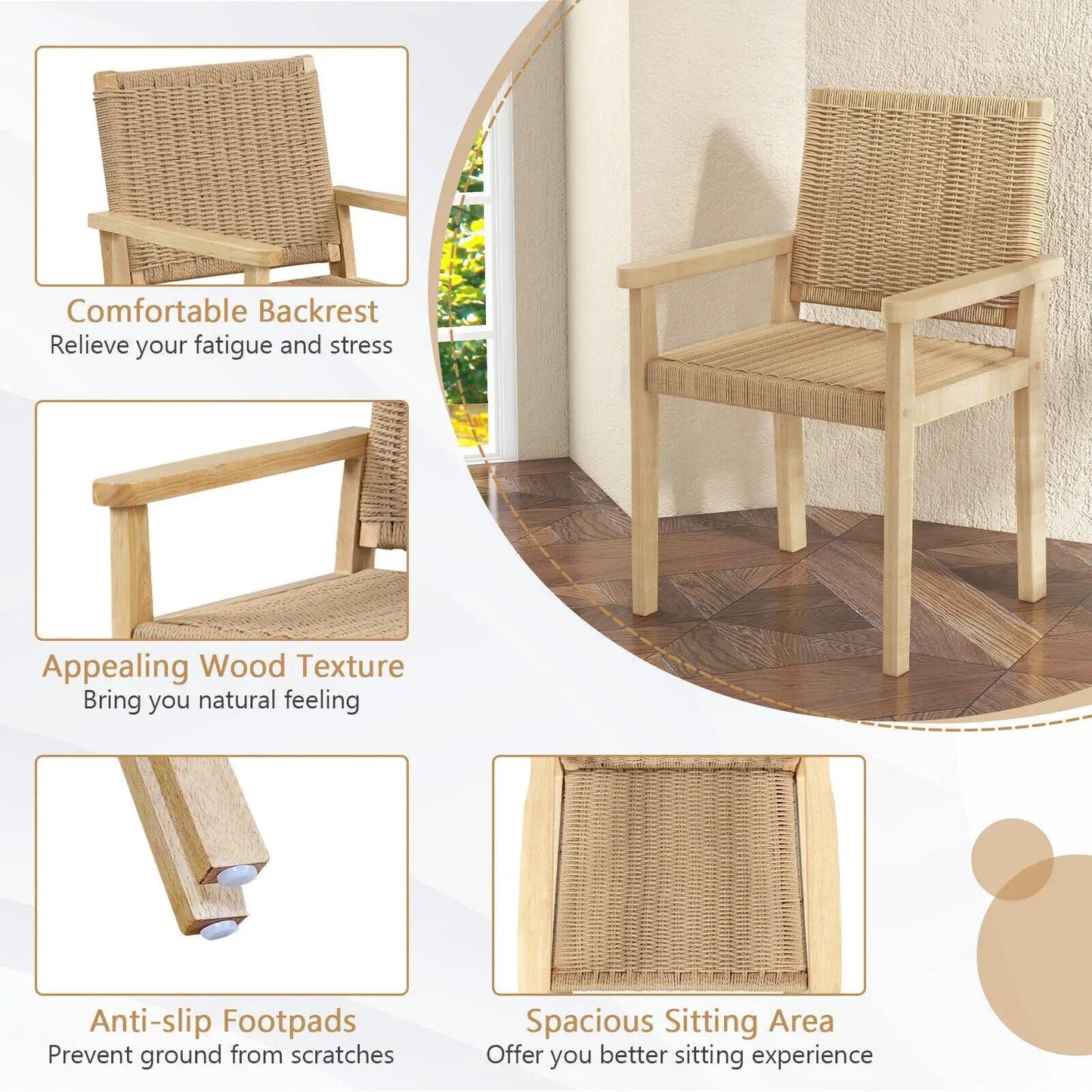 Wood Dining Chairs Set of 2 With Woven Rope Seat