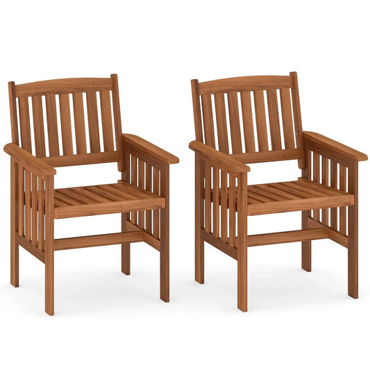Set of 2 solid wood patio chairs with slatted backs and armrests in natural brown on Tampa Home & Garden Store