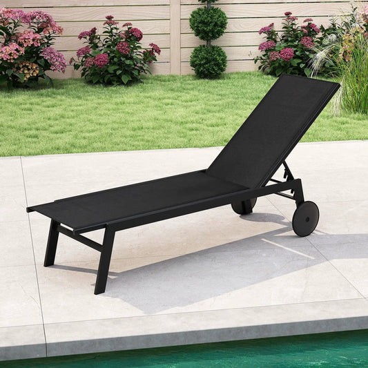 Patio chaise lounge chair with wheels in black metal frame DirectDeals on Tampa Home & Garden Store