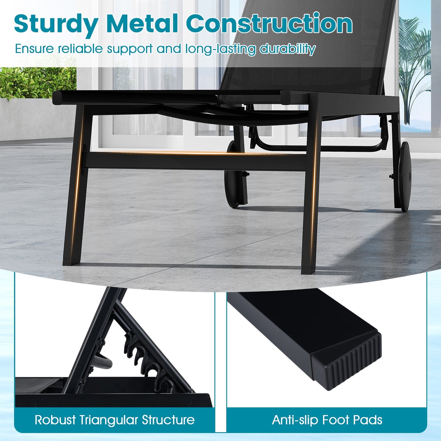 DirectDeals Patio Chaise Lounge Chair with Wheels, black metal frame sunlounger on Tampa Home & Garden Store