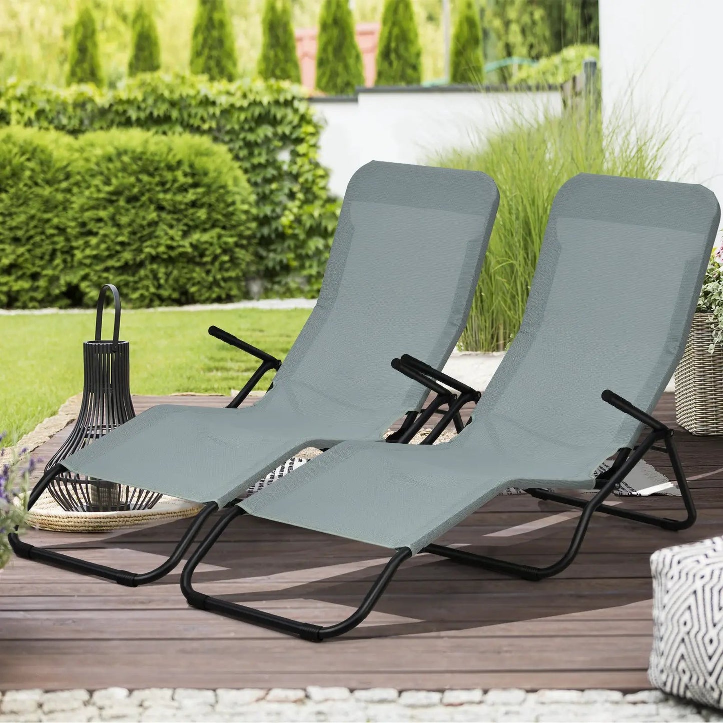 Two-Piece Folding Patio Chaise Lounger Pair in gray fabric with black frames DirectDeals loungers on Tampa Home & Garden Store