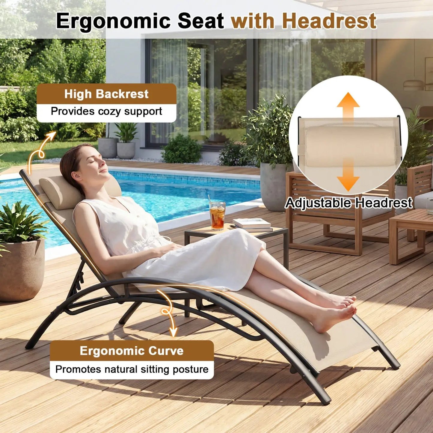 Patio chaise lounges set of 2 with beige cushions, ergonomic curves, adjustable headrests on Tampa Home & Garden Store