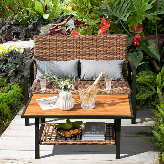 2 Pieces Patio Rattan Coffee Table Set with Shelf and Quick Dry Cushion - Tampa Home & Garden Store