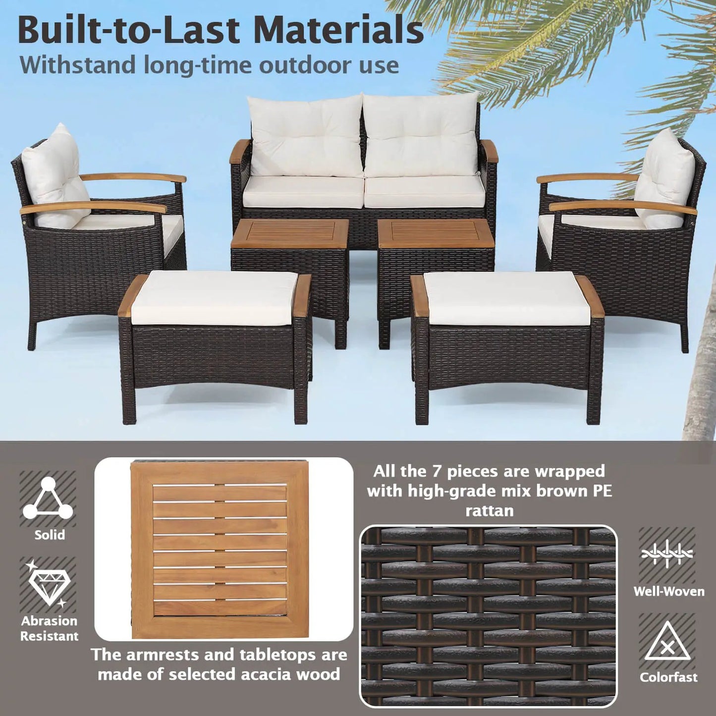7 piece rattan patio sofa set with white cushions and acacia wood tabletops on Tampa Home & Garden Store