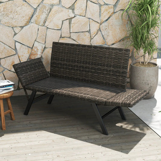 Patio convertible sofa for 2 with armrests gray wicker outdoor seating by stone wall on Tampa Home & Garden Store