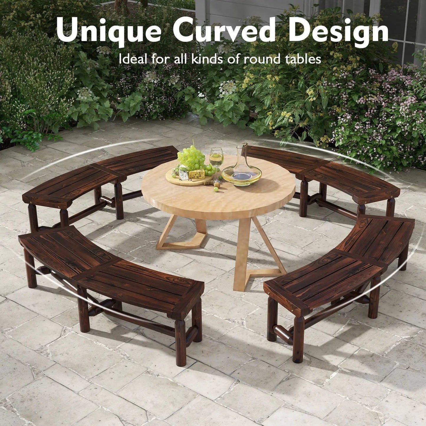 Patio curved bench set with six dark brown slatted seats surrounding a light round table on Tampa Home & Garden Store