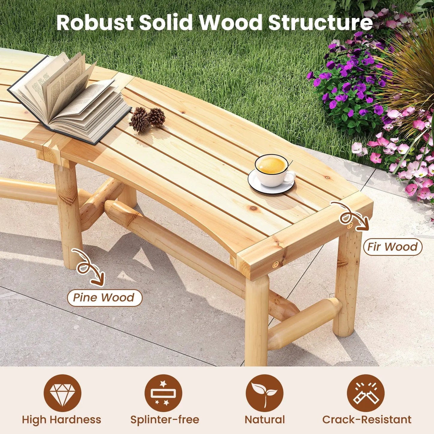 Curved solid wood outdoor backless bench with slatted top, book and coffee cup on surface on Tampa Home & Garden Store
