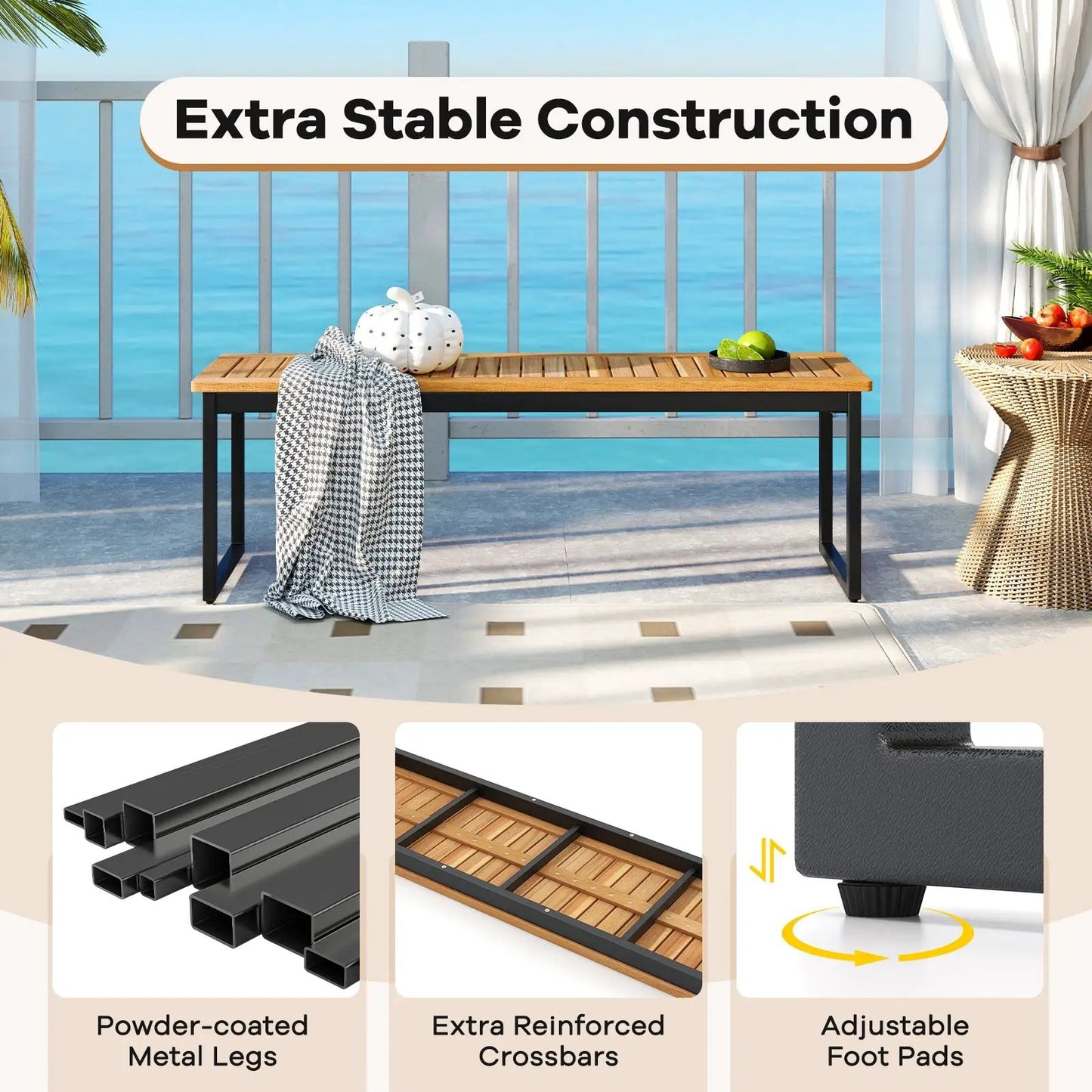 Patio Backless Bench Slatted Seat Metal Legs natural wood slats with black frame DirectDeals on Tampa Home & Garden Store