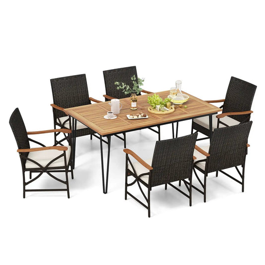 7 Piece Outdoor Dining Set with dark wicker chairs and wood slat table, 6 chairs included on Tampa Home & Garden Store