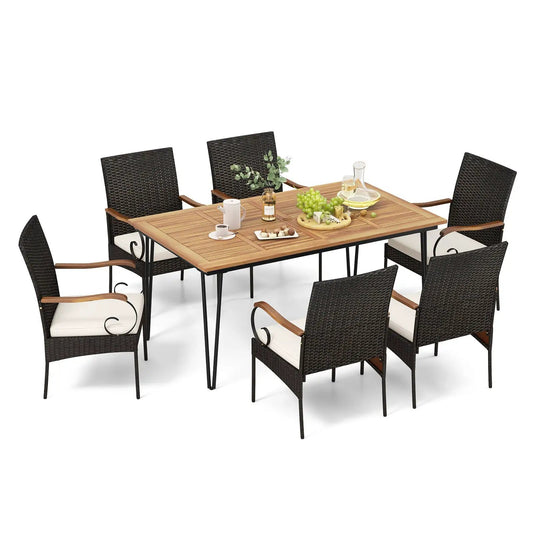 7 Piece Patio Dining Set with Rattan Armchairs dark brown wicker chairs with white cushions on Tampa Home & Garden Store