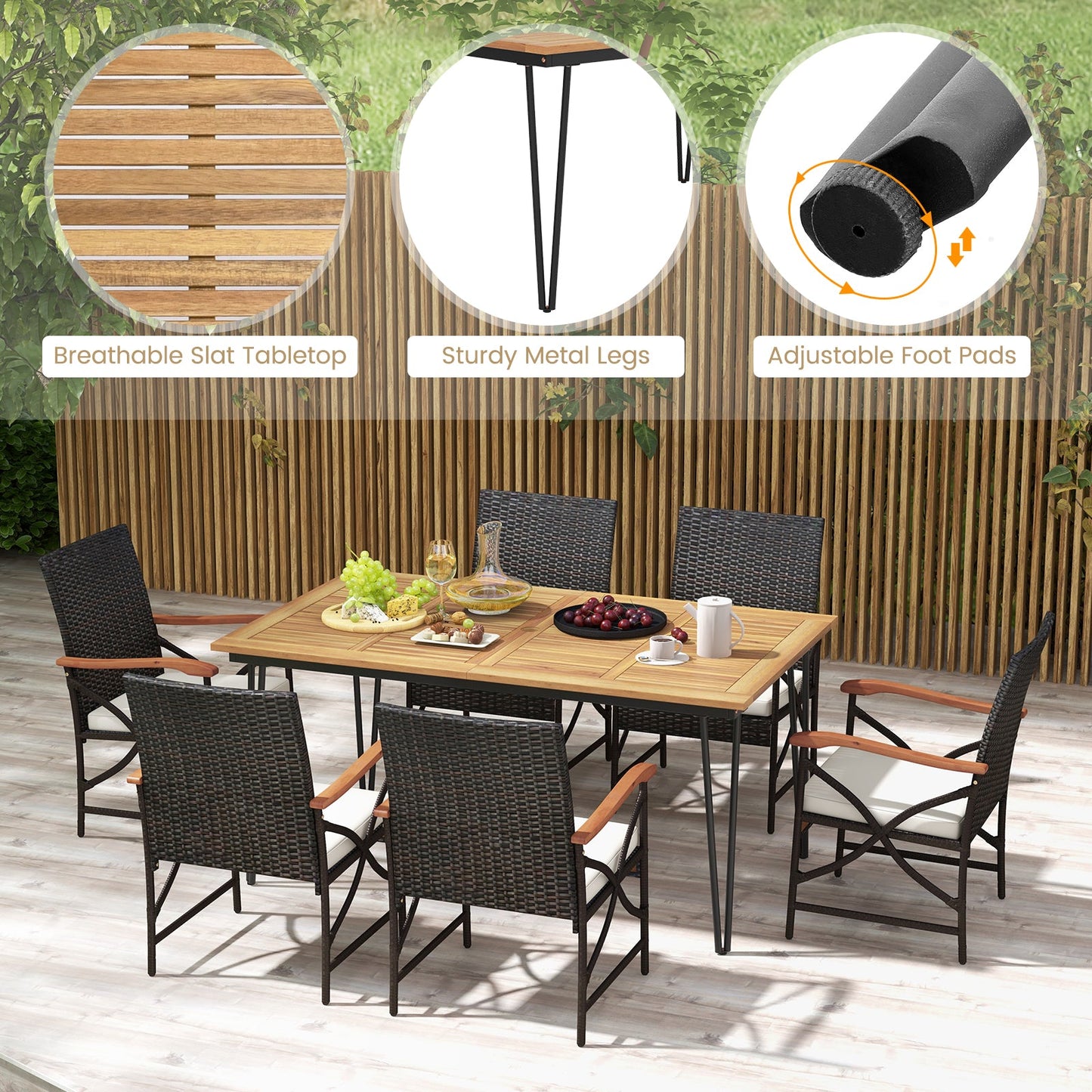 Juego de comedor exterior de 7 piezas para porche, patio, jardín, piscina