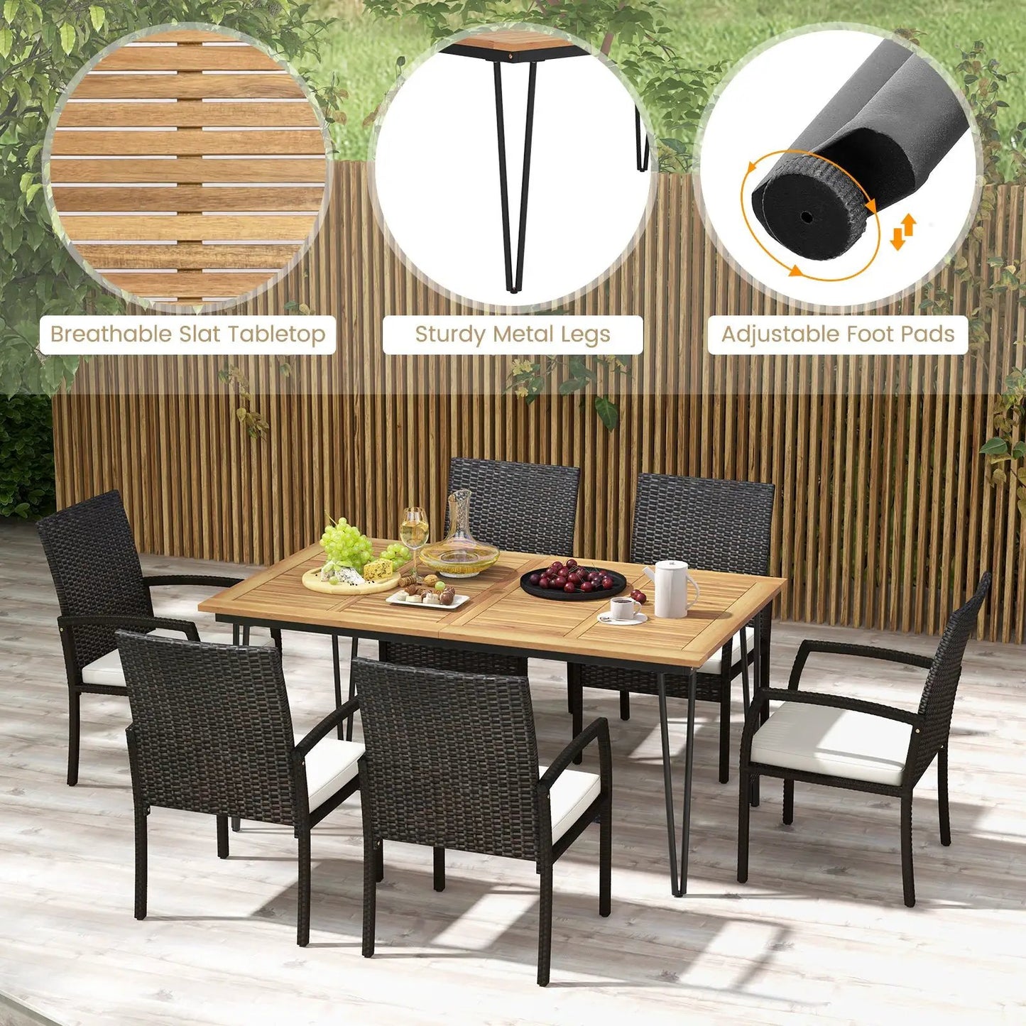 7-piece patio dining set with acacia wood table and black wicker chairs, includes 6 chairs on Tampa Home & Garden Store