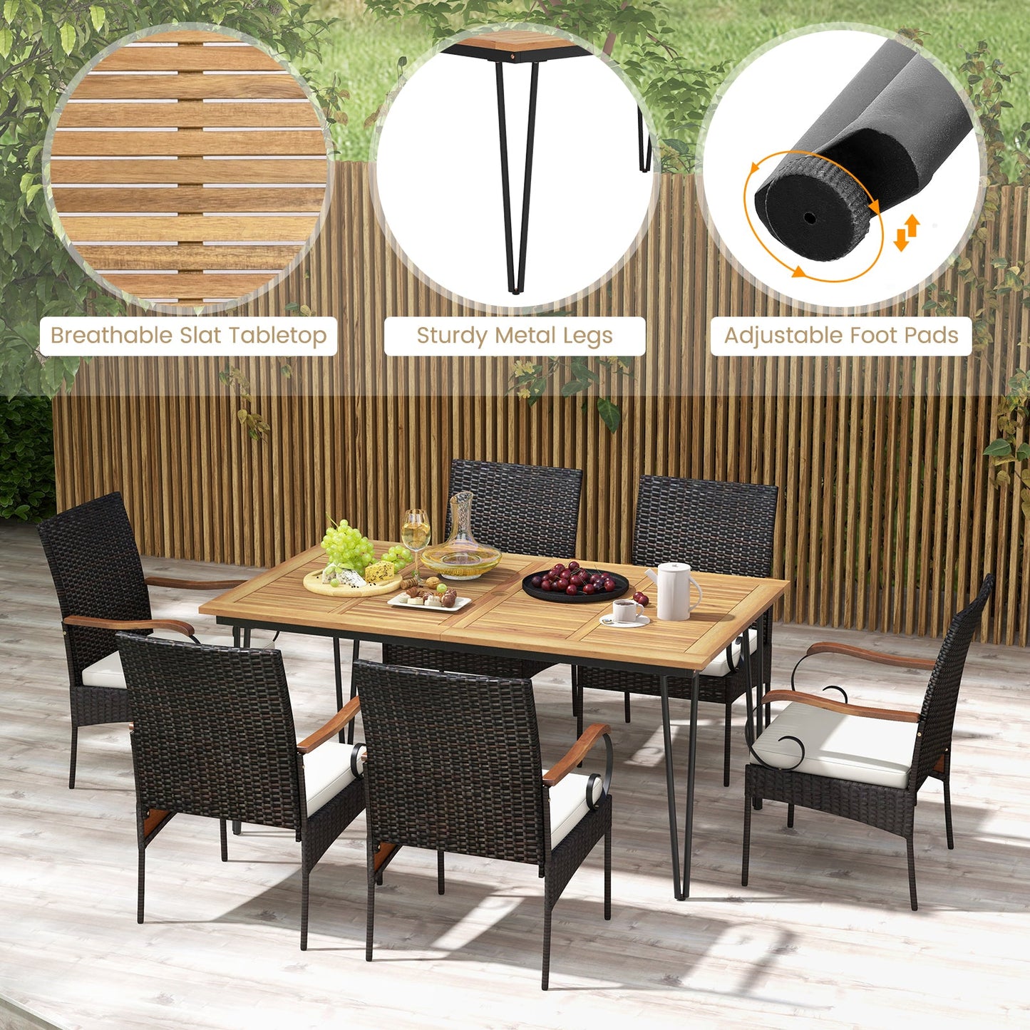 7 Piece Patio Dining Set with Rattan Armchairs around a slat tabletop with umbrella hole on Tampa Home & Garden Store