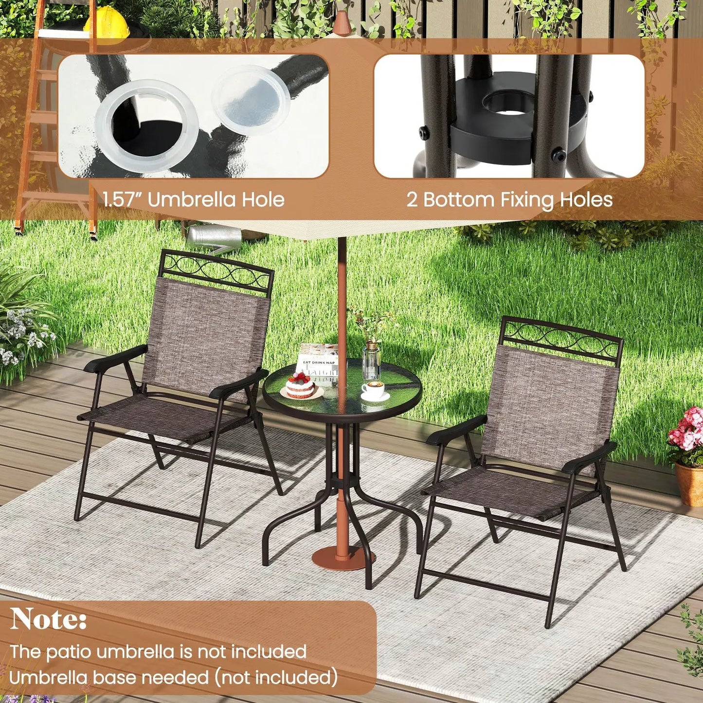 DirectDeals 3 Piece Bistro Outdoor Dining Set with Umbrella Hole, brown metal frames on Tampa Home & Garden Store