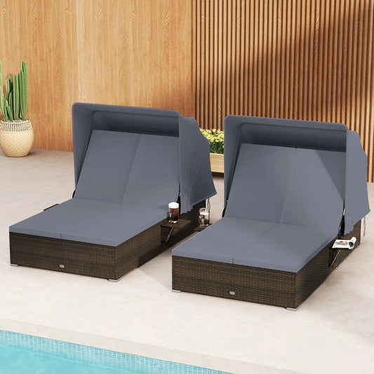 Patio double chaise lounge by DirectDeals with shade cushions, gray-blue cushions, wicker base on Tampa Home & Garden Store