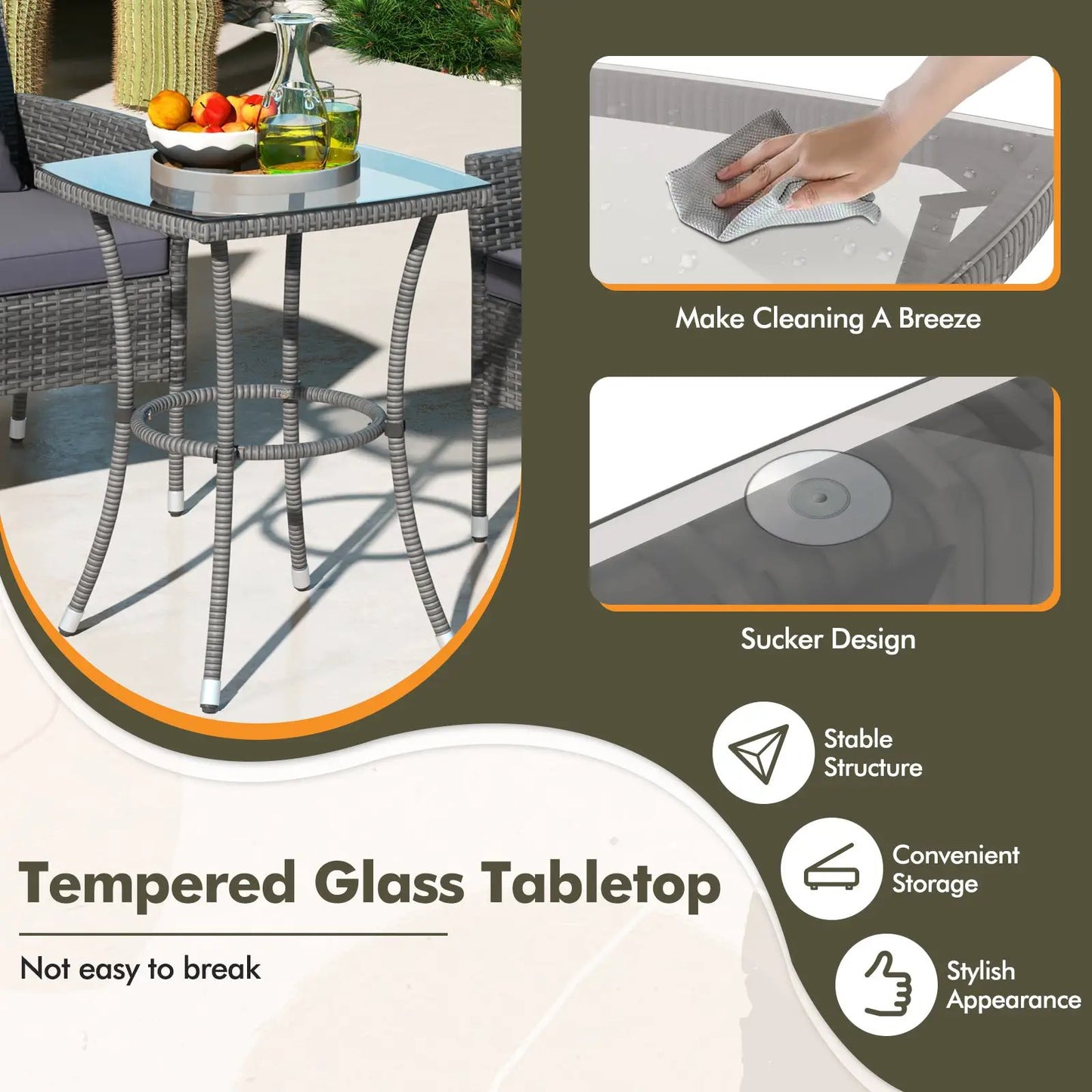 Three Piece Patio Set With Cushioned Chairs gray wicker with tempered glass tabletop DirectDeals on Tampa Home & Garden Store
