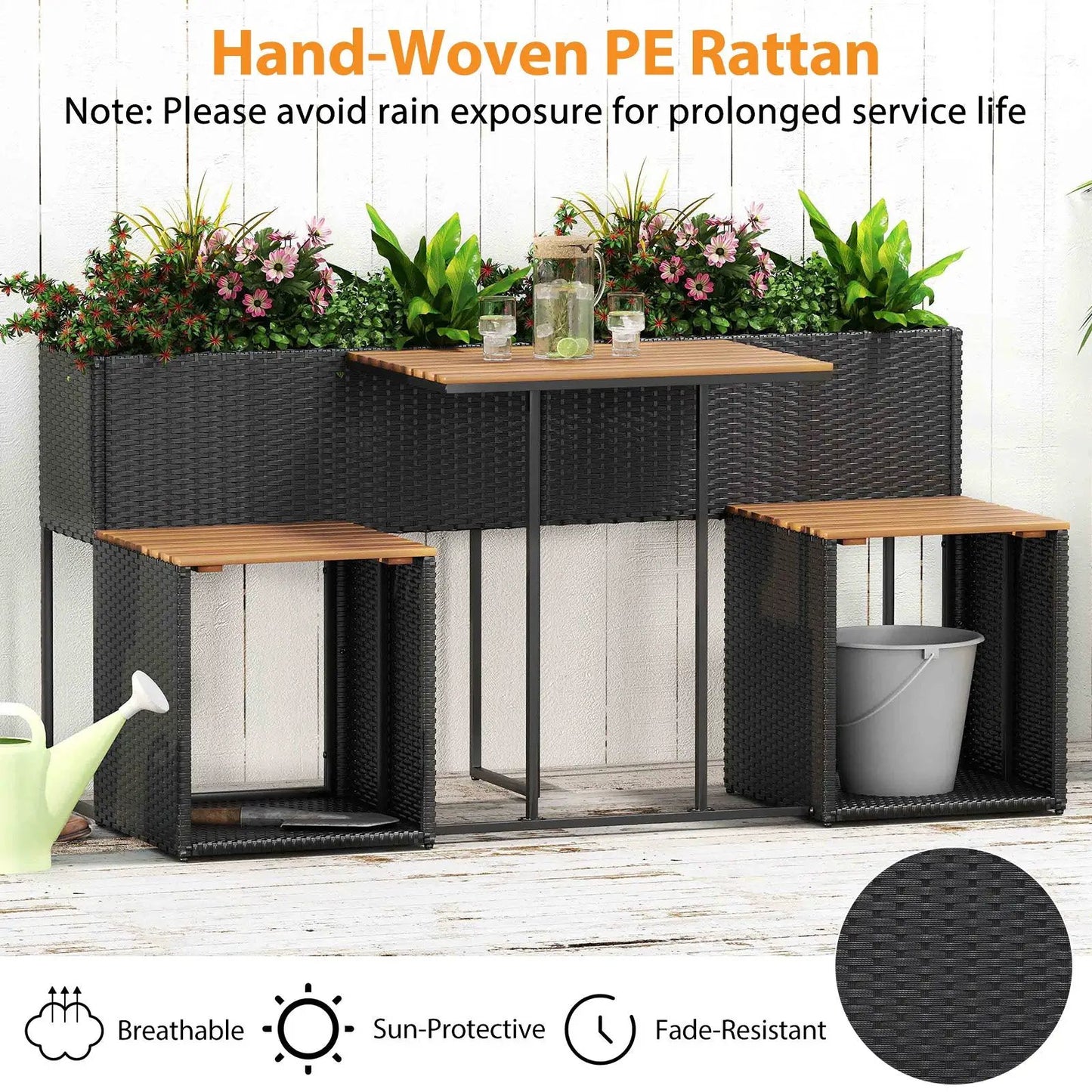 Patio set with built-in raised garden bed in black wicker and wood slat tabletop on Tampa Home & Garden Store