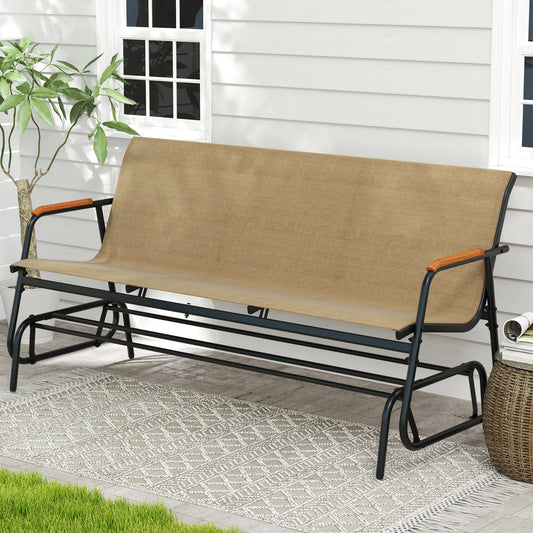 Patio Glider Bench with Curved Teak Armrests and Breathable Fabric Seat for 3 People-Brown - Tampa Home & Garden Store