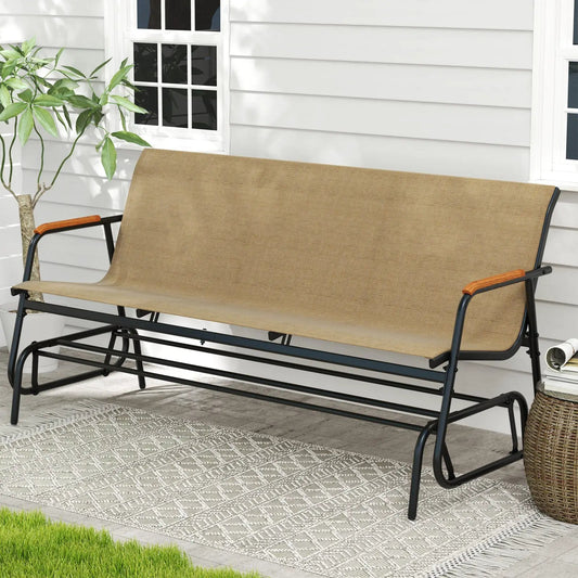 Patio glider bench with brown teak armrests, beige woven fabric seat for 3, black metal frame on Tampa Home & Garden Store