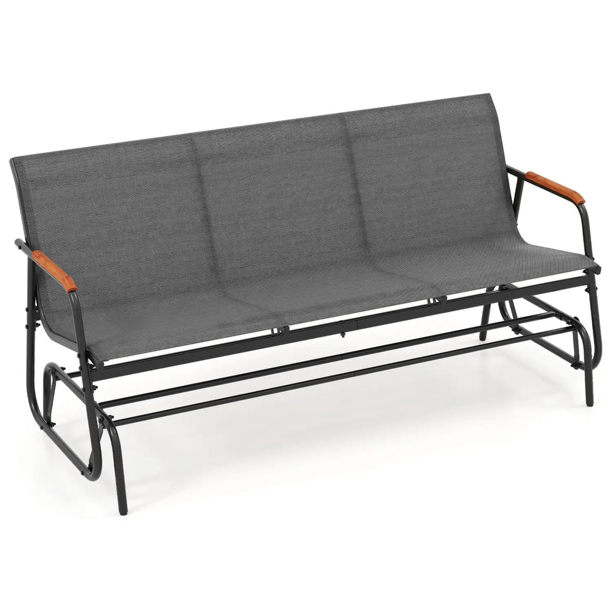 Patio Glider Bench with brown teak armrests and gray fabric seat for 3 people on Tampa Home & Garden Store