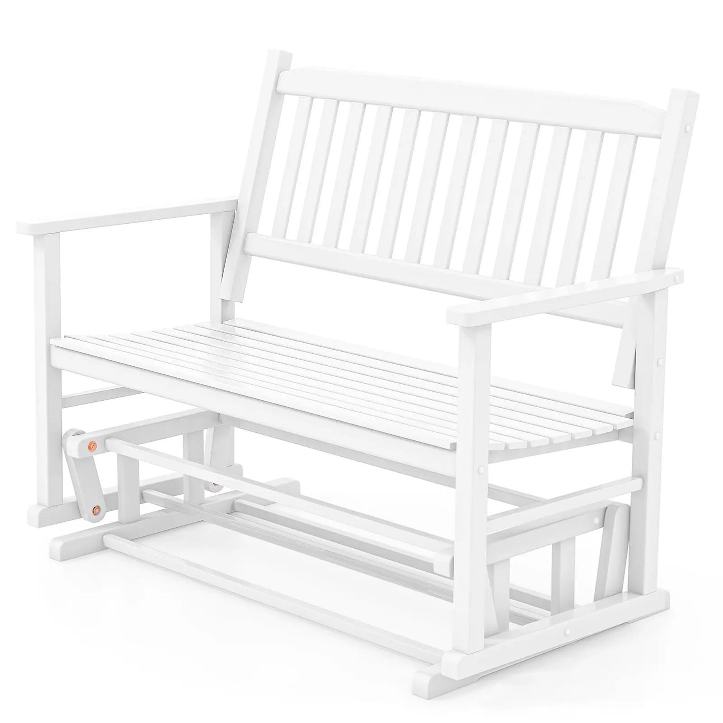 Two-seat outdoor glider bench with armrests in white slatted wood design on Tampa Home & Garden Store