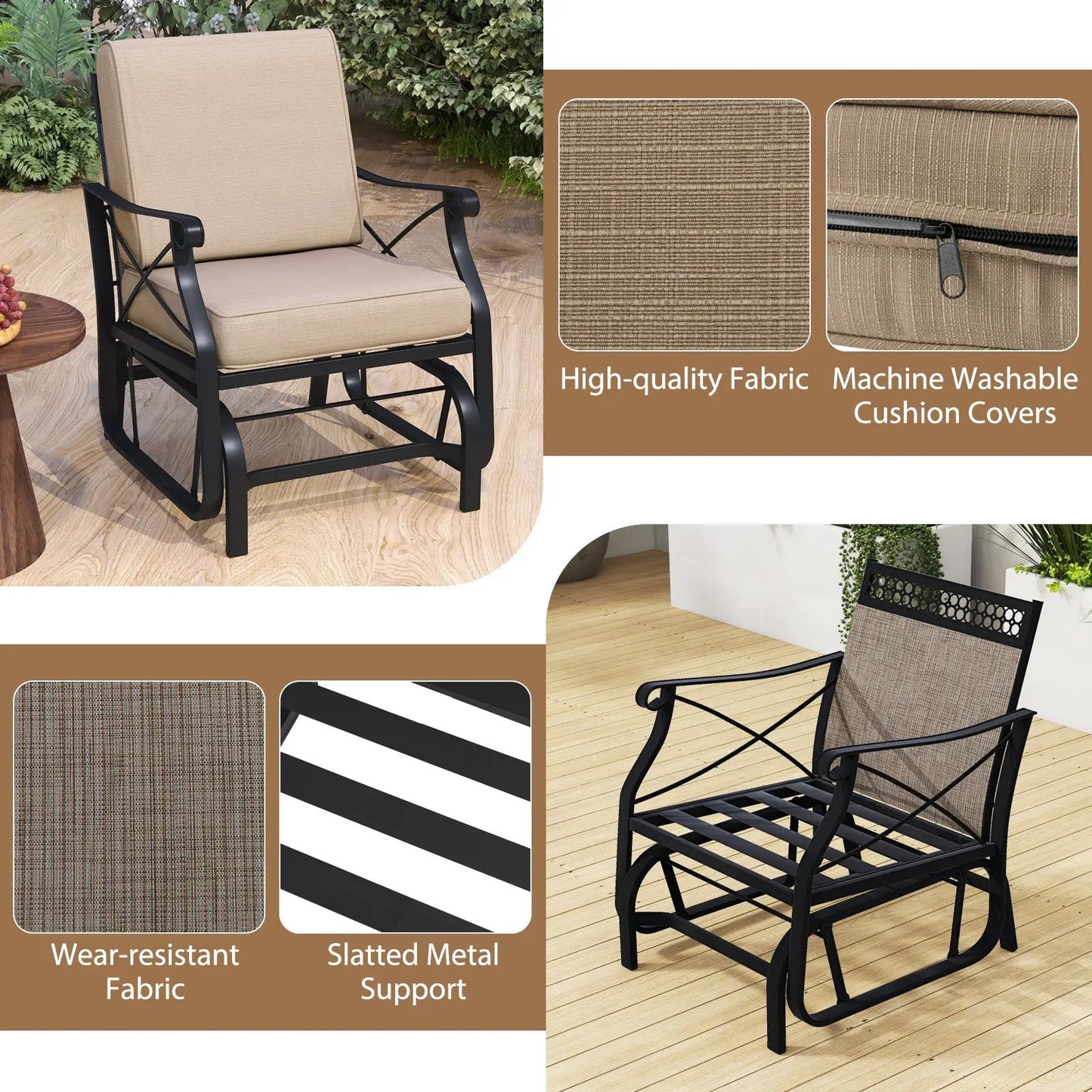 Patio Glider Chair with Metal Frame and Beige Cushions by DirectDeals on Tampa Home & Garden Store