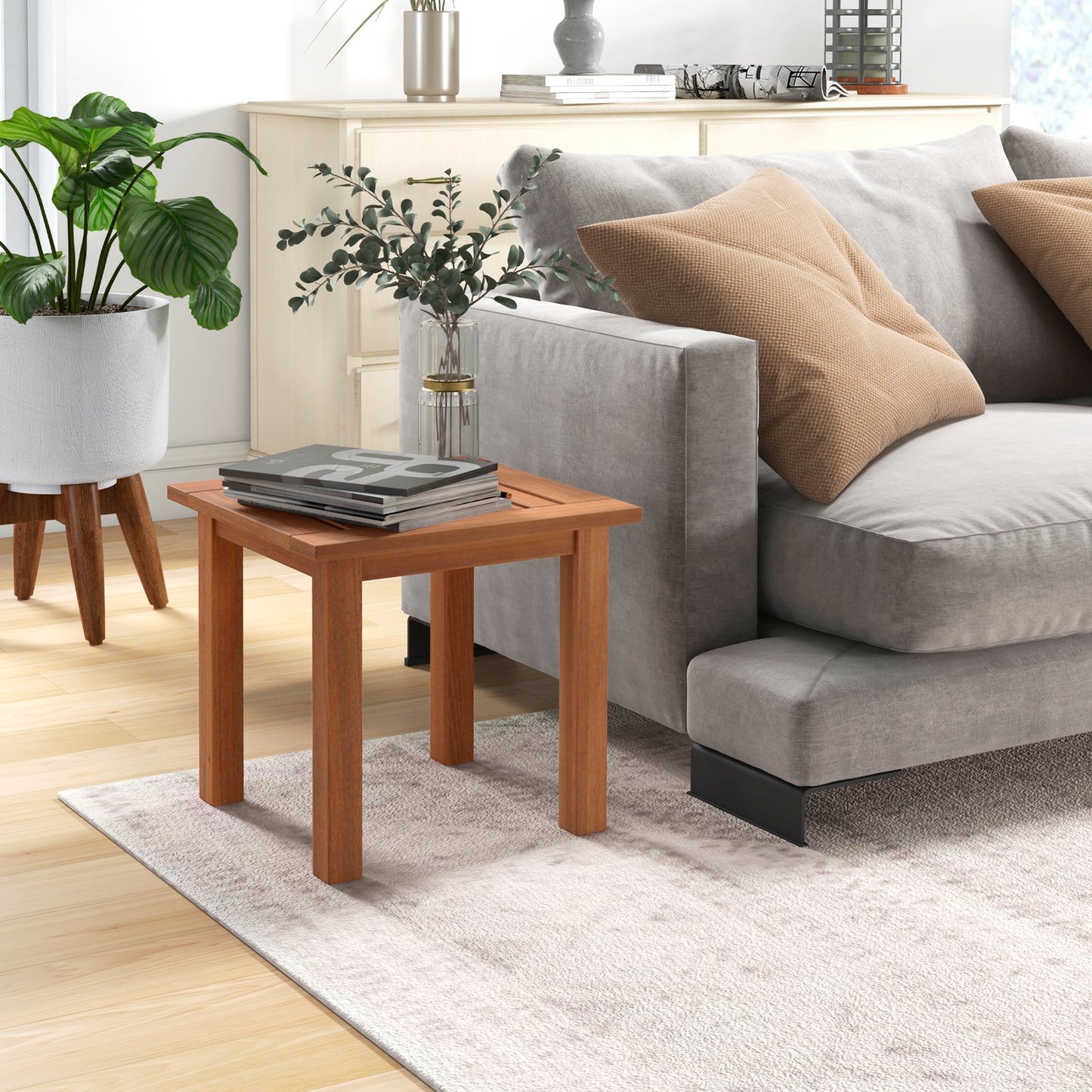 Mesa auxiliar cuadrada de madera dura para patio con tablero de listones
