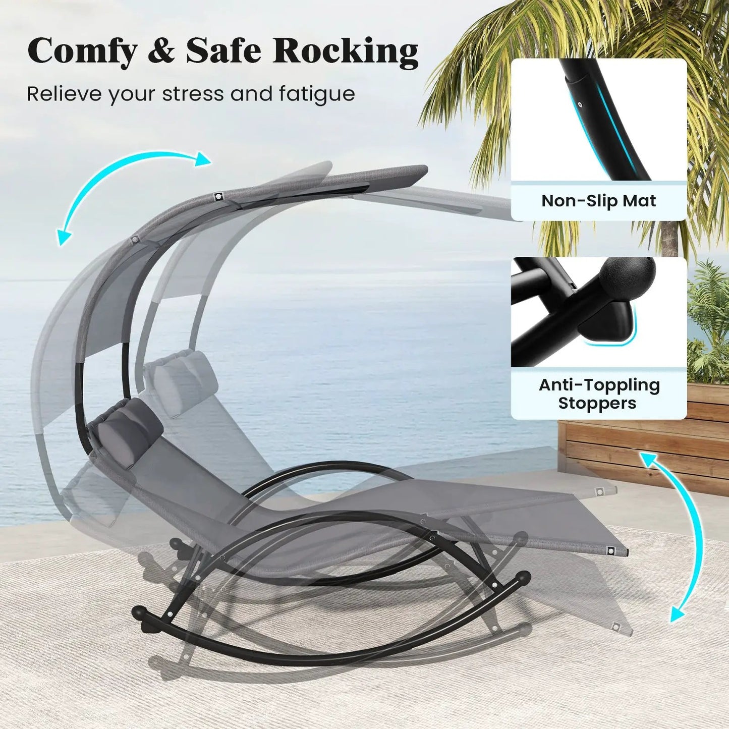 Outdoor dual rocker sunbed for 2 with gray canopy on Tampa Home & Garden Store