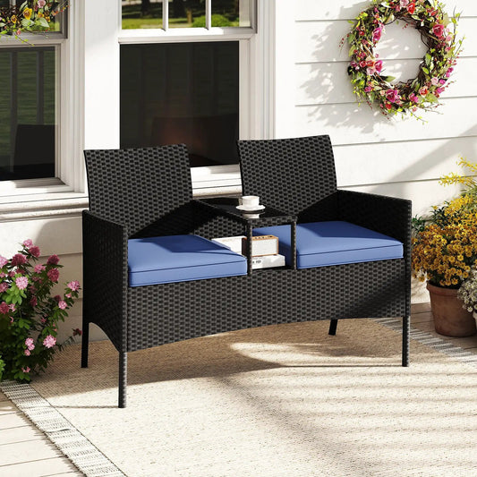 Patio Loveseat with Built-in Table for Backyard Porch-Navy - Tampa Home & Garden Store
