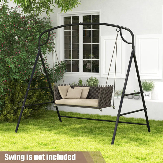 Patio metal swing stand, black frame with double side bars, wicker swing seat on Tampa Home & Garden Store