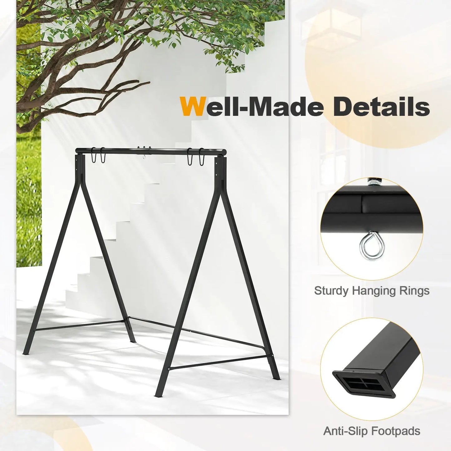 Patio metal swing stand with A-shaped black frame and hanging hooks DirectDeals on Tampa Home & Garden Store