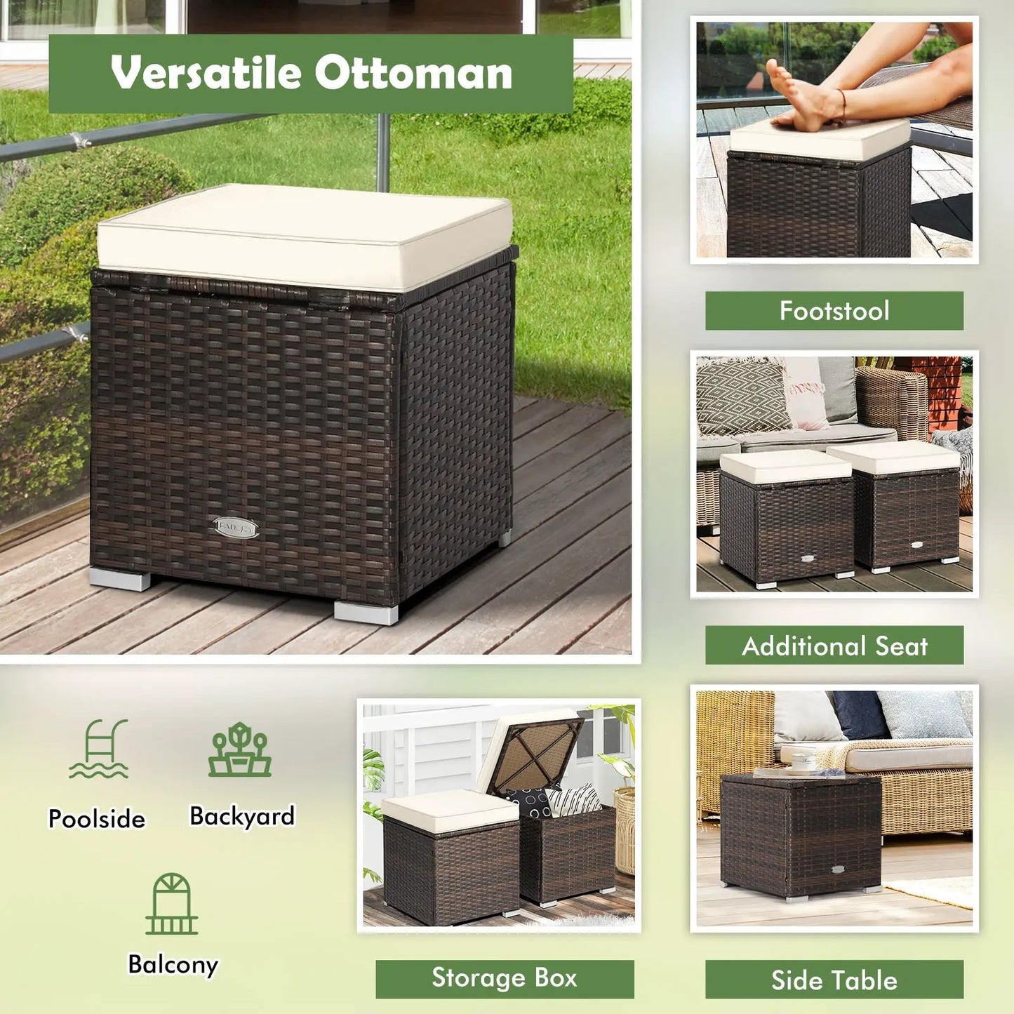 2 Pieces Patio Ottoman with Removable Cushions-White - Tampa Home & Garden Store