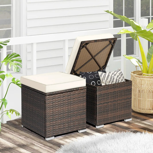 2 Pieces Patio Ottoman with Removable Cushions-White - Tampa Home & Garden Store
