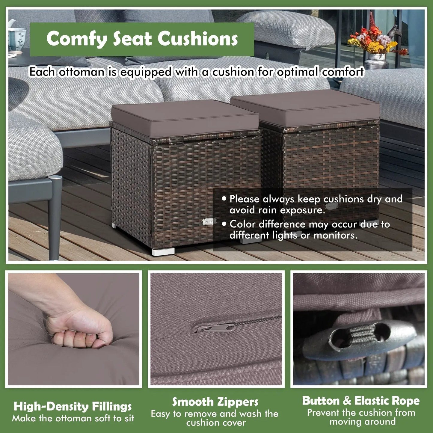 2 Pieces Patio Ottoman with Removable Cushions-Gray - Tampa Home & Garden Store