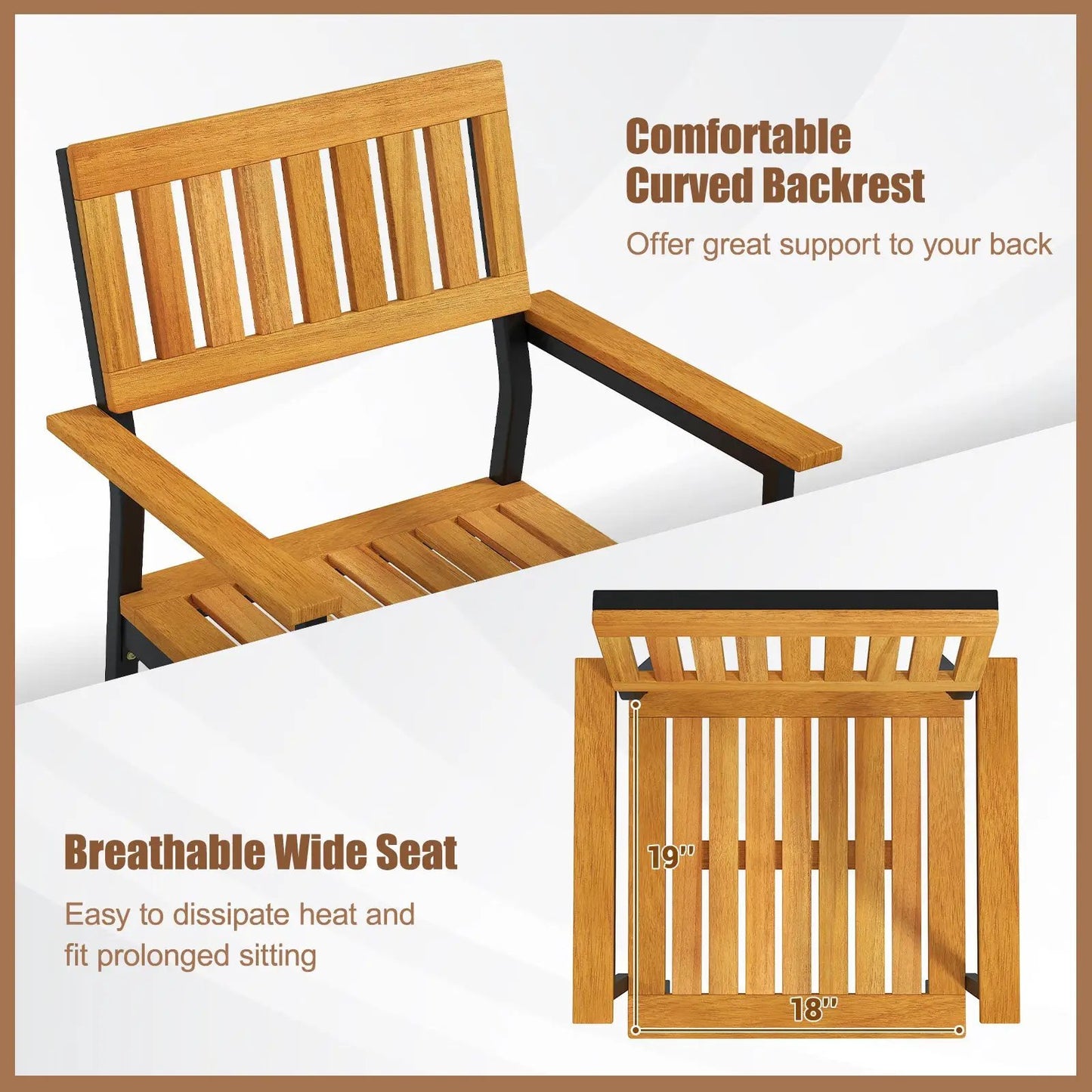 Patio outdoor dining chairs set of 2 with metal black frame and natural acacia wood slats on Tampa Home & Garden Store