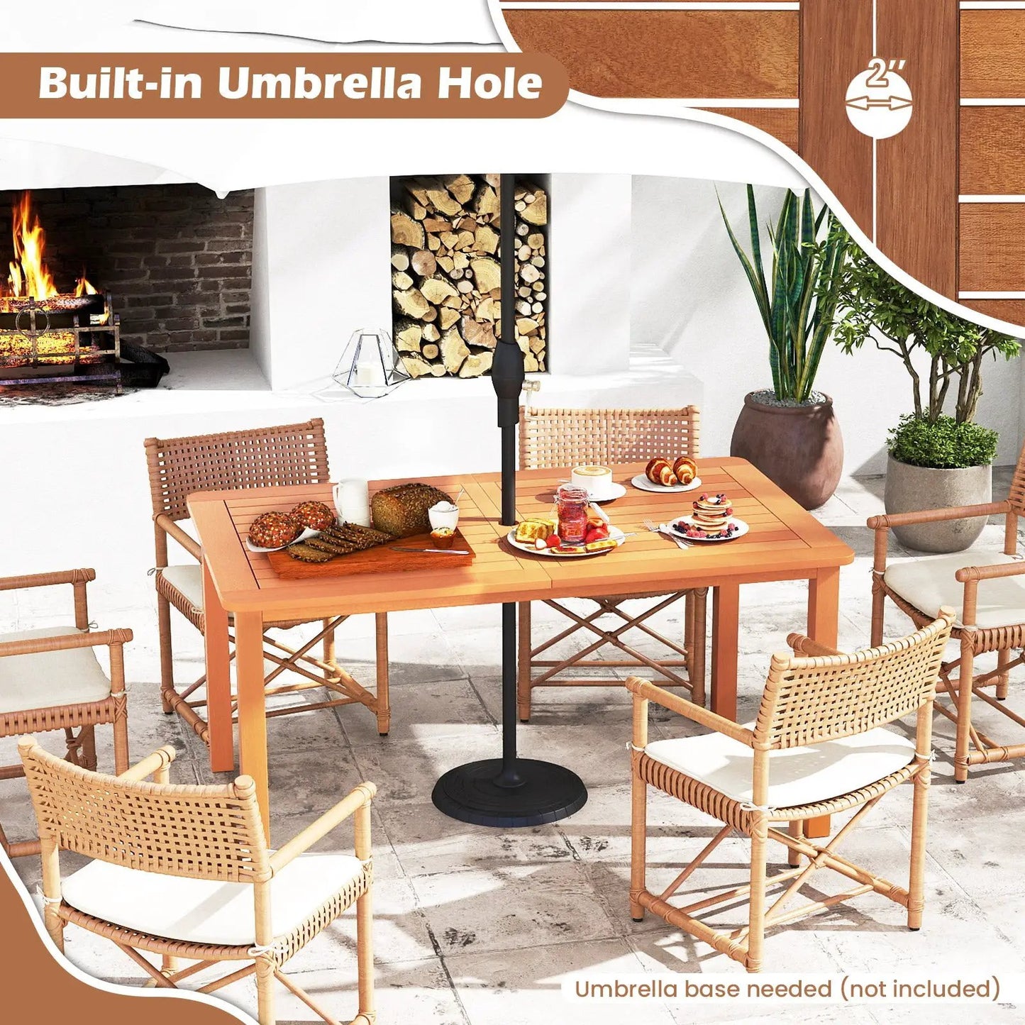Solid wood patio table with umbrella hole for six and six wicker chairs, warm brown finish on Tampa Home & Garden Store