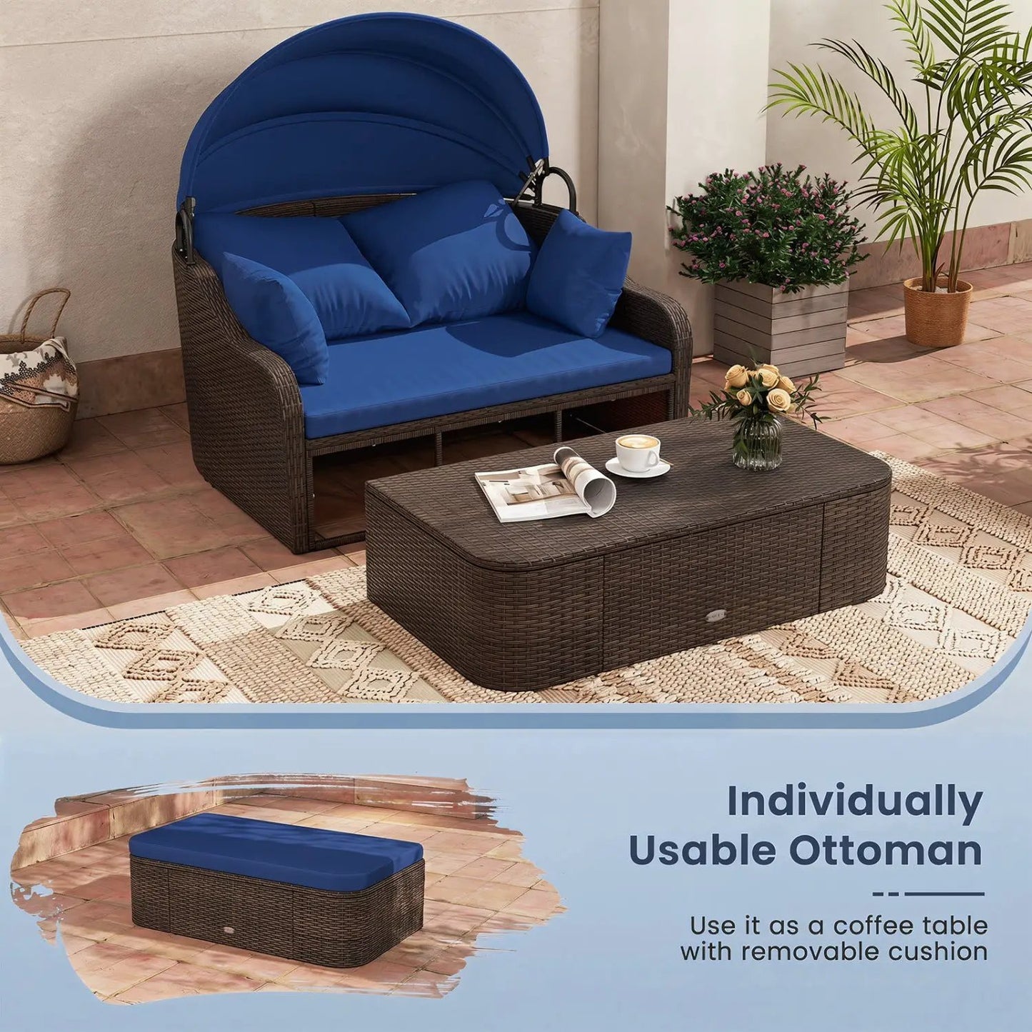 Rattan Daybed with Retractable Canopy Navy