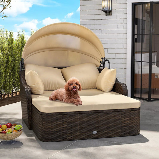 Patio PE Rattan Daybed with Canopy Beige cushions on woven wicker, dog resting by DirectDeals on Tampa Home & Garden Store