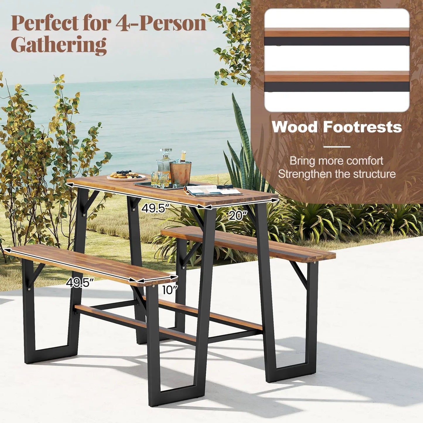 Patio picnic table bench set with acacia tops and black metal legs, 3-piece DirectDeals set on Tampa Home & Garden Store