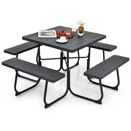 Outdoor Picnic Table with 4 Benches and Umbrella