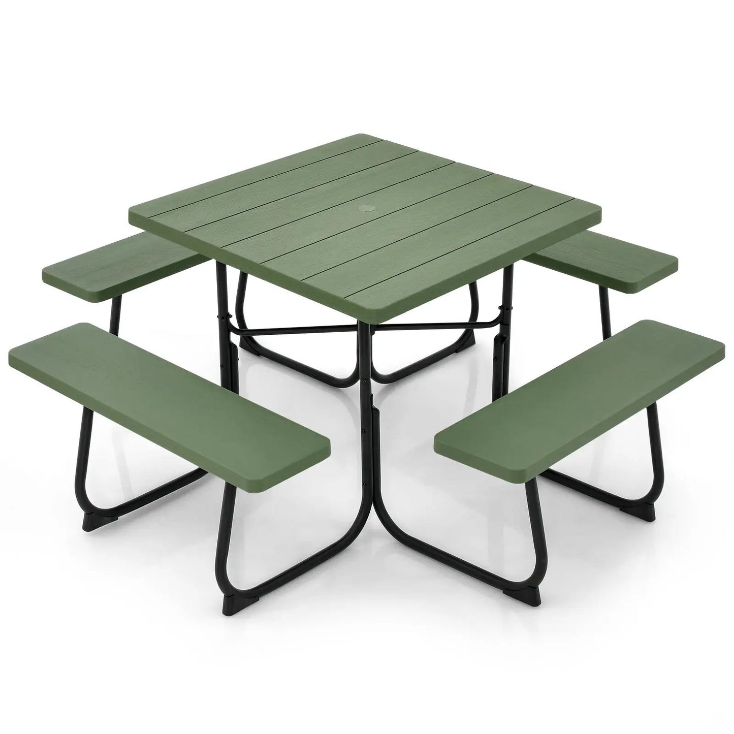 Outdoor picnic table with 4 benches in green square slat-top on black metal frame on Tampa Home & Garden Store