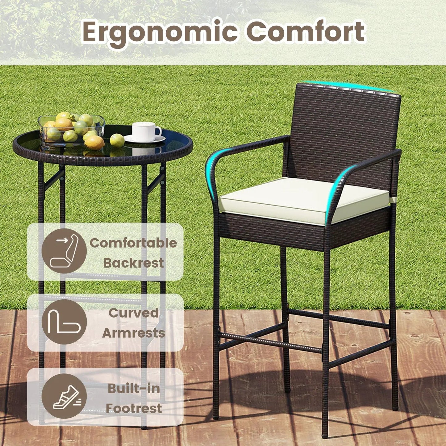 Patio rattan bar-height table and chair set with 2 seat cushions and glass-top brown wicker on Tampa Home & Garden Store