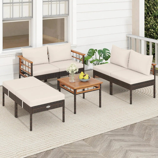 Patio rattan furniture set DirectDeals with cushions, 2-seat sofas, ottomans and side table on Tampa Home & Garden Store