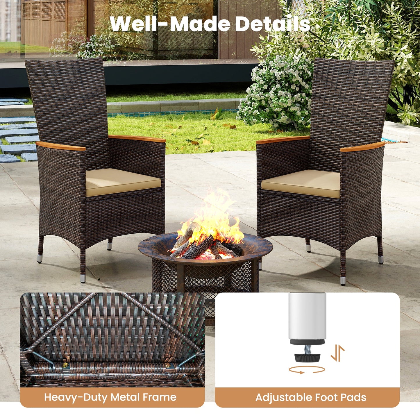 Set of 4 beige patio rattan wicker chairs with high backs and wooden armrests around a fire pit on Tampa Home & Garden Store