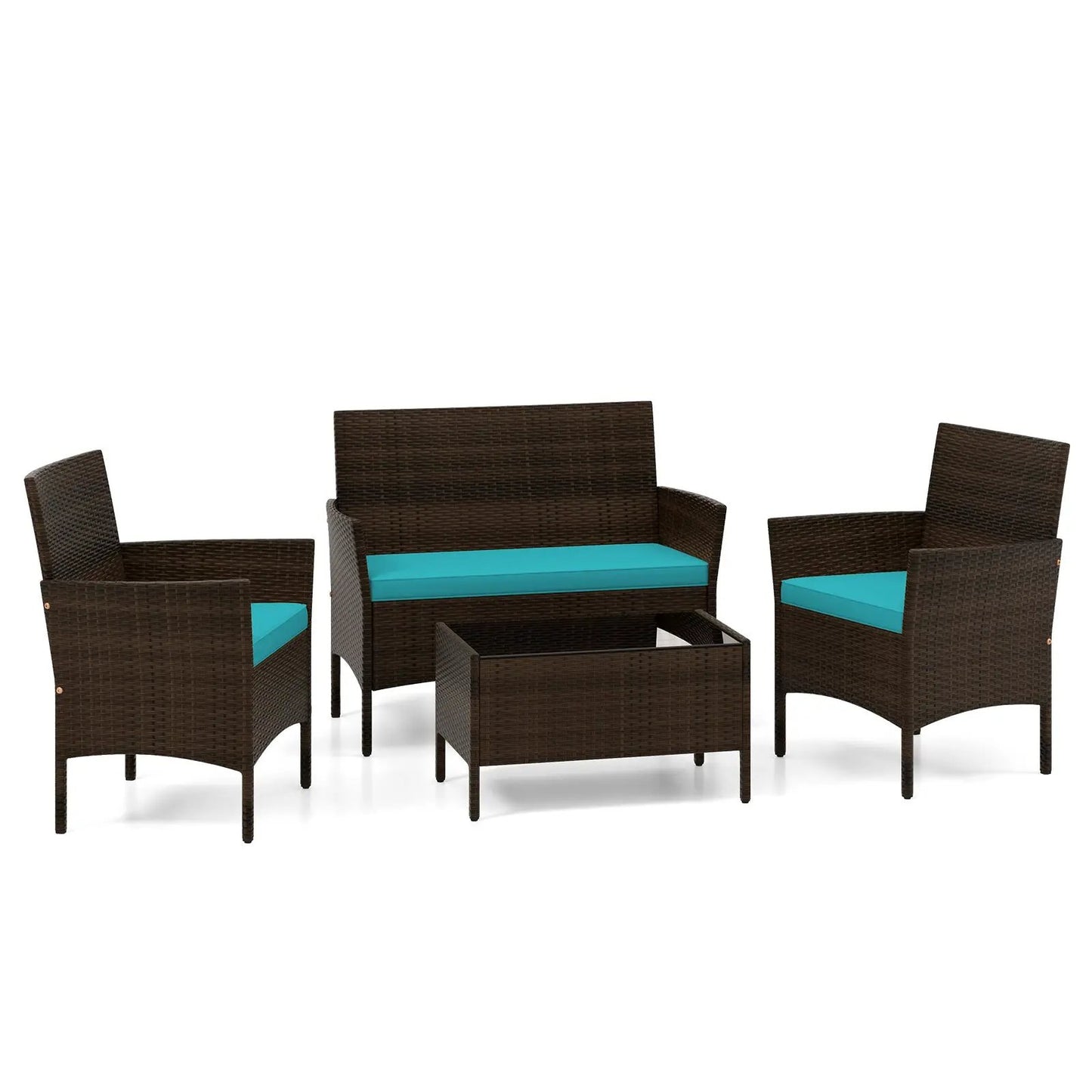 Patio rattan conversation set, brown wicker with teal cushions, 4-piece on Tampa Home & Garden Store