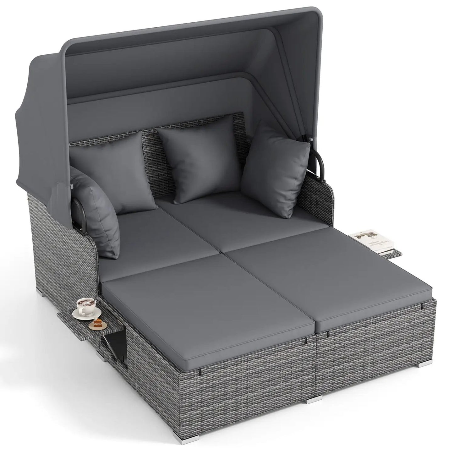 Patio rattan daybed with retractable canopy in gray and cushions on Tampa Home & Garden Store